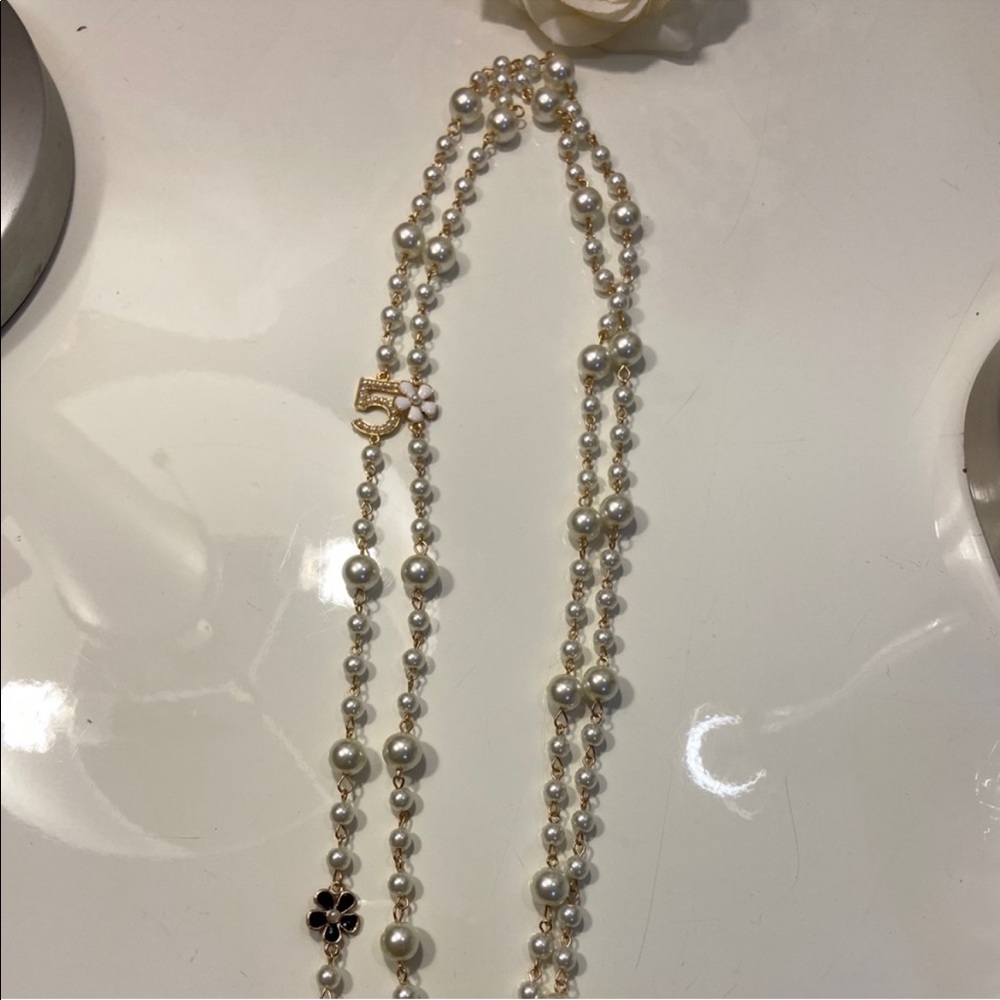New Pearl Camellia Number5 Flower Double Long Necklace - Picture 8 of 17